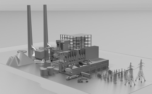 A 3D rendering of a coal plant